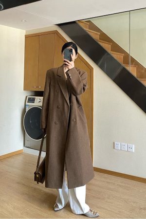 Brown Mid-Length Double-Breasted Wool Coat for Women, Elegant Vintage Tailored Slim Fit for Autumn and Winter Fashion