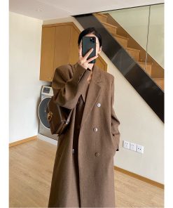 Brown Mid-Length Double-Breasted Wool Coat for Women, Elegant Vintage Tailored Slim Fit for Autumn and Winter Fashion