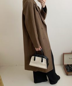 Brown Mid-Length Double-Breasted Wool Coat for Women, Elegant Vintage Tailored Slim Fit for Autumn and Winter Fashion