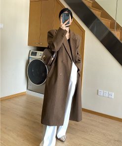 Brown Mid-Length Double-Breasted Wool Coat for Women, Elegant Vintage Tailored Slim Fit for Autumn and Winter Fashion