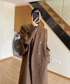 Brown Mid-Length Double-Breasted Wool Coat for Women, Elegant Vintage Tailored Slim Fit for Autumn and Winter Fashion
