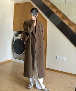 Brown Mid-Length Double-Breasted Wool Coat for Women, Elegant Vintage Tailored Slim Fit for Autumn and Winter Fashion