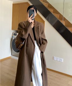 Brown Mid-Length Double-Breasted Wool Coat for Women, Elegant Vintage Tailored Slim Fit for Autumn and Winter Fashion