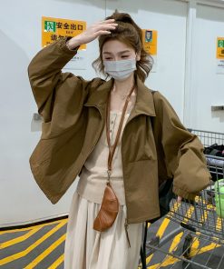 Brown Stand-Up Collar Windbreaker Jacket for Women, 2025 Spring Korean Style, Loose Casual Fit for Petite Sizes