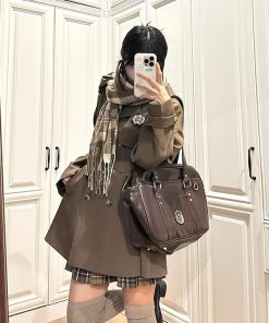 Brown Trench Coat for Women - 2025 Autumn JK Uniform Mid-Length Short Coat for Petite Sizes, Cute Pudding Bear Design