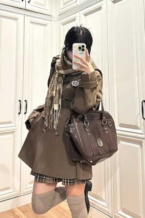 Brown Trench Coat for Women - 2025 Autumn JK Uniform Mid-Length Short Coat for Petite Sizes, Cute Pudding Bear Design