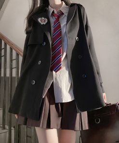 Brown Trench Coat for Women - 2025 Autumn JK Uniform Mid-Length Short Coat for Petite Sizes, Cute Pudding Bear Design