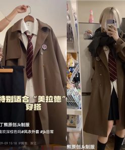 Brown Trench Coat for Women - 2025 Autumn JK Uniform Mid-Length Short Coat for Petite Sizes, Cute Pudding Bear Design
