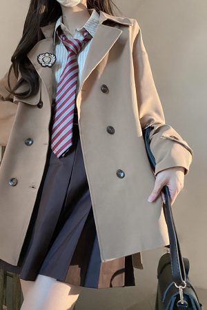 Brown Trench Coat for Women - 2025 Autumn JK Uniform Mid-Length Short Coat for Petite Sizes, Cute Pudding Bear Design