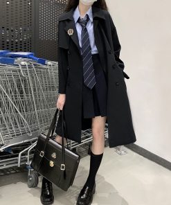 Brown Trench Coat for Women - 2025 Autumn JK Uniform Mid-Length Short Coat for Petite Sizes, Cute Pudding Bear Design