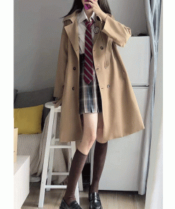 Brown Trench Coat for Women - 2025 Autumn JK Uniform Mid-Length Short Coat for Petite Sizes, Cute Pudding Bear Design