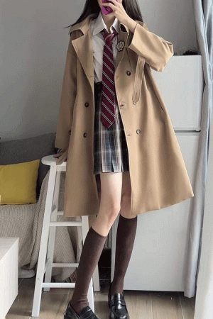 Brown Trench Coat for Women - 2025 Autumn JK Uniform Mid-Length Short Coat for Petite Sizes, Cute Pudding Bear Design