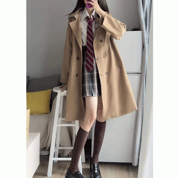 Brown Trench Coat for Women - 2025 Autumn JK Uniform Mid-Length Short Coat for Petite Sizes, Cute Pudding Bear Design