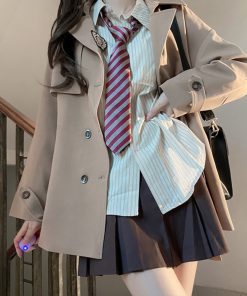 Brown Trench Coat for Women - 2025 Autumn JK Uniform Mid-Length Short Coat for Petite Sizes, Cute Pudding Bear Design