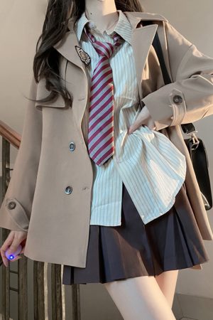 Brown Trench Coat for Women - 2025 Autumn JK Uniform Mid-Length Short Coat for Petite Sizes, Cute Pudding Bear Design