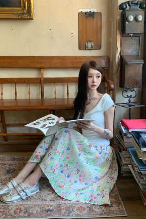 Budding Floral Midi Skirt for Women - High-Waisted A-Line Design, Summer Style, Trendy 90s Vibes