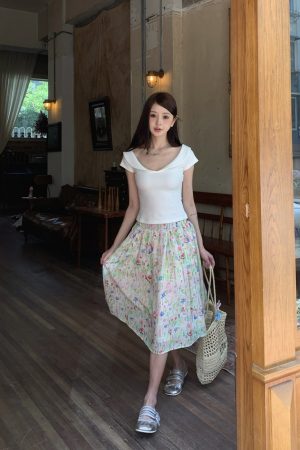 Budding Floral Midi Skirt for Women - High-Waisted A-Line Design, Summer Style, Trendy 90s Vibes