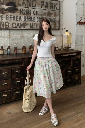 Budding Floral Midi Skirt for Women - High-Waisted A-Line Design, Summer Style, Trendy 90s Vibes