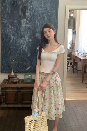 Budding Floral Midi Skirt for Women - High-Waisted A-Line Design, Summer Style, Trendy 90s Vibes