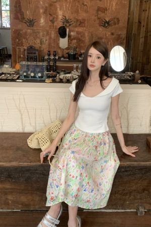 Budding Floral Midi Skirt for Women - High-Waisted A-Line Design, Summer Style, Trendy 90s Vibes