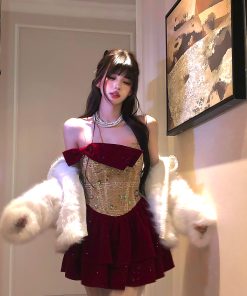 Burgundy Off-the-Shoulder Dress for Women - Autumn Winter, Waist-Cinching, Sexy Puff Skirt, Short Party Dress, Trendy Evening Wear