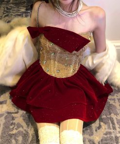 Burgundy Off-the-Shoulder Dress for Women - Autumn Winter, Waist-Cinching, Sexy Puff Skirt, Short Party Dress, Trendy Evening Wear