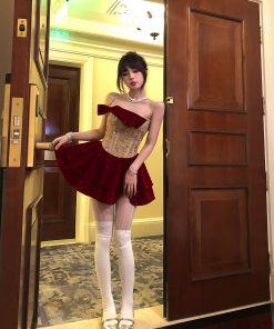 Burgundy Off-the-Shoulder Dress for Women - Autumn Winter, Waist-Cinching, Sexy Puff Skirt, Short Party Dress, Trendy Evening Wear