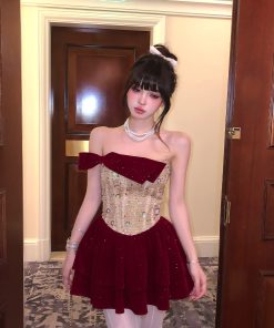 Burgundy Off-the-Shoulder Dress for Women - Autumn Winter, Waist-Cinching, Sexy Puff Skirt, Short Party Dress, Trendy Evening Wear