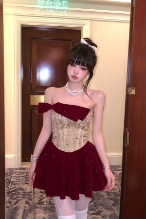 Burgundy Off-the-Shoulder Dress for Women - Autumn Winter, Waist-Cinching, Sexy Puff Skirt, Short Party Dress, Trendy Evening Wear