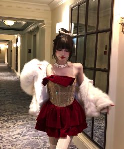 Burgundy Off-the-Shoulder Dress for Women - Autumn Winter, Waist-Cinching, Sexy Puff Skirt, Short Party Dress, Trendy Evening Wear