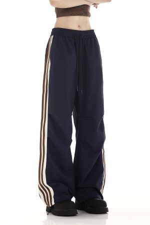Burgundy Striped Work Pants for Women - Summer Thin Trendy Street Dance Pants, Jazz Dance Sports Trousers, Y2K Style