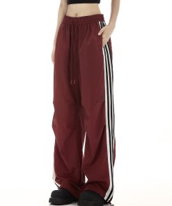 Burgundy Striped Work Pants for Women - Summer Thin Trendy Street Dance Pants, Jazz Dance Sports Trousers, Y2K Style