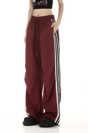 Burgundy Striped Work Pants for Women - Summer Thin Trendy Street Dance Pants, Jazz Dance Sports Trousers, Y2K Style