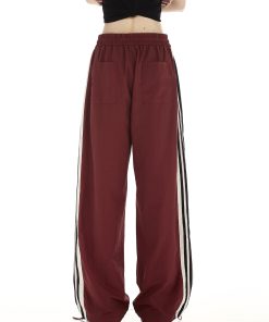 Burgundy Striped Work Pants for Women - Summer Thin Trendy Street Dance Pants, Jazz Dance Sports Trousers, Y2K Style