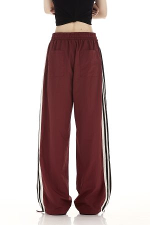 Burgundy Striped Work Pants for Women - Summer Thin Trendy Street Dance Pants, Jazz Dance Sports Trousers, Y2K Style