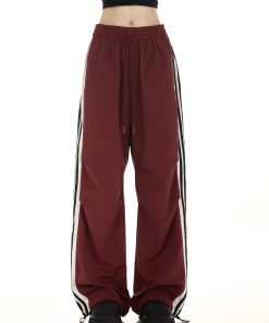 Burgundy Striped Work Pants for Women - Summer Thin Trendy Street Dance Pants, Jazz Dance Sports Trousers, Y2K Style
