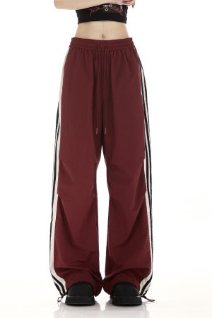 Burgundy Striped Work Pants for Women - Summer Thin Trendy Street Dance Pants, Jazz Dance Sports Trousers, Y2K Style