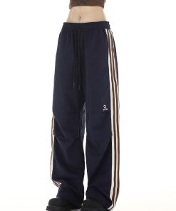 Burgundy Striped Work Pants for Women - Summer Thin Trendy Street Dance Pants, Jazz Dance Sports Trousers, Y2K Style