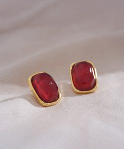 Burgundy Vintage Square Earrings - Small Chanel-Style Studs, Unique Face-Enhancing Design, Elegant High-End Fashion Jewelry