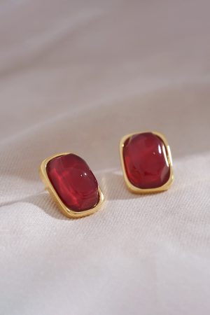 Burgundy Vintage Square Earrings - Small Chanel-Style Studs, Unique Face-Enhancing Design, Elegant High-End Fashion Jewelry