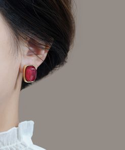 Burgundy Vintage Square Earrings - Small Chanel-Style Studs, Unique Face-Enhancing Design, Elegant High-End Fashion Jewelry