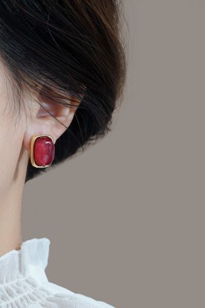 Burgundy Vintage Square Earrings - Small Chanel-Style Studs, Unique Face-Enhancing Design, Elegant High-End Fashion Jewelry