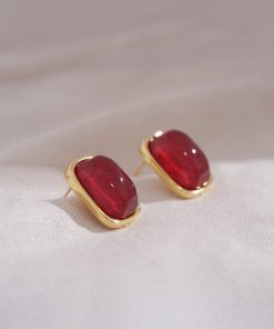 Burgundy Vintage Square Earrings - Small Chanel-Style Studs, Unique Face-Enhancing Design, Elegant High-End Fashion Jewelry