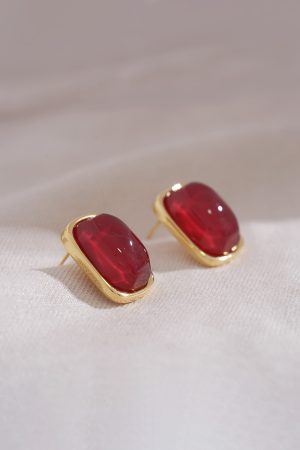 Burgundy Vintage Square Earrings - Small Chanel-Style Studs, Unique Face-Enhancing Design, Elegant High-End Fashion Jewelry