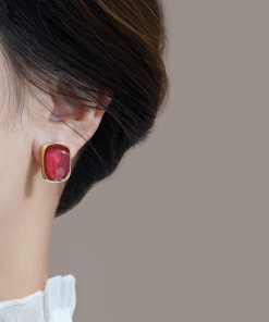 Burgundy Vintage Square Earrings - Small Chanel-Style Studs, Unique Face-Enhancing Design, Elegant High-End Fashion Jewelry