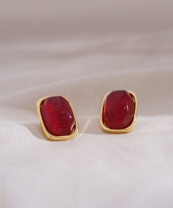 Burgundy Vintage Square Earrings - Small Chanel-Style Studs, Unique Face-Enhancing Design, Elegant High-End Fashion Jewelry