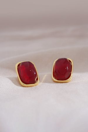Burgundy Vintage Square Earrings - Small Chanel-Style Studs, Unique Face-Enhancing Design, Elegant High-End Fashion Jewelry