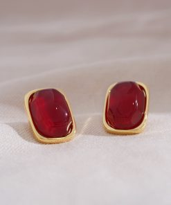 Burgundy Vintage Square Earrings - Small Chanel-Style Studs, Unique Face-Enhancing Design, Elegant High-End Fashion Jewelry