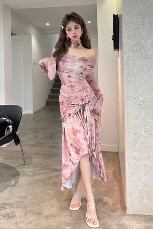 Butterfly Cherry Blossom Pink Off-the-Shoulder Irregular Slim Fit Long Dress - 90s Inspired Floral Stretch Fashion