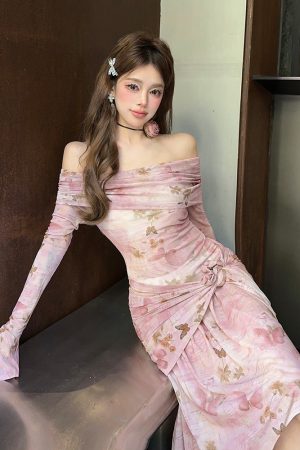 Butterfly Cherry Blossom Pink Off-the-Shoulder Irregular Slim Fit Long Dress - 90s Inspired Floral Stretch Fashion